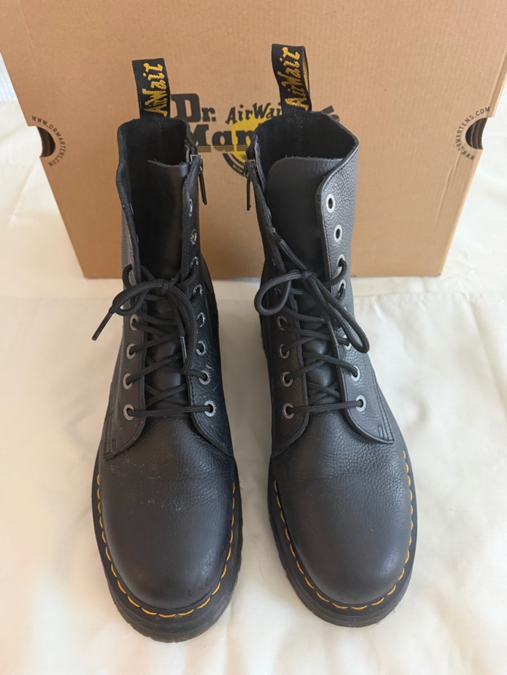 Dr. Martens Black Leather Lace-Up Ankle Boots with Yellow Stitching